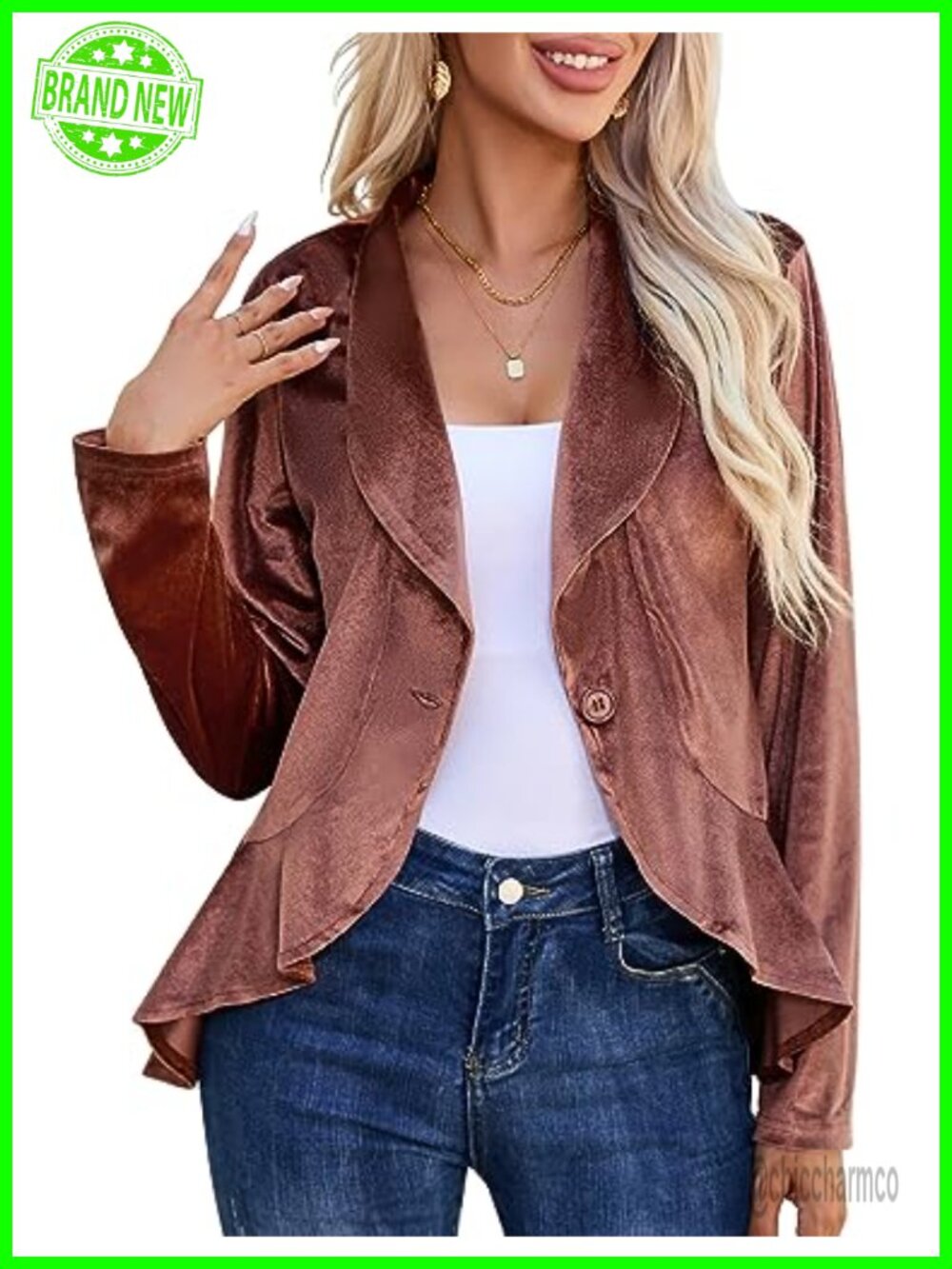 Velvet Blazer Jacket 3/4 Sleeve Open Front Ruffle Work Office Cardigan